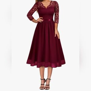 MISSMAY Women's Floral Lace Chiffon 3/4 Sleeve V Neck Midi Dress - Red (NWT)